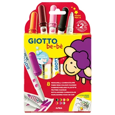 Image de Giotto be bè, Feutres à fibre super lavables changement de couleur, pointe maxi 5 mm, étui 8 unités et 12 cartes coloriage