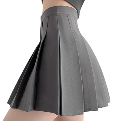 Image de DRESHOW Rétro Jupe Basique Elastique évasée Mini Plissée Patineuse Décontractée Pour Femmes Filles, Pleated Skirt 04 Darkgray, M