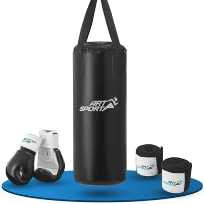 Image de ArtSport Sac de Frappe Enfant avec Gants remplis et Suspendus, Ensemble Punching Ball 10 kg Bandages Support Plafond Dès 6 Ans Boxe Kickboxing