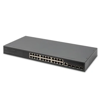 Image de DIGITUS 29 port Gigabit Ethernet Network Switch Géré 24 ports RJ45 + 4 SFP 1 console 10/100/1000 Mbps 19 pouces fonctions L2+ noir