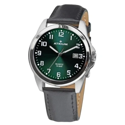 Image de Atrium Montre pour homme en acier inoxydable à quartz analogique 10 bar avec date, aiguilles lumineuses, cadran très clair vert foncé et bracelet cuir noir A16 16, argenté, Classique