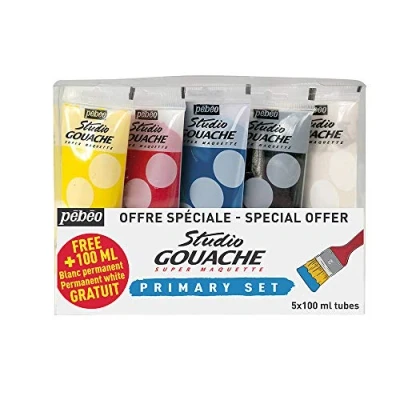 Image de PÉBÉO Pack 5 peintures Couleurs Primaires Gouache Studio Tubes 100 Ml (Noir D&#039;Ivoire, Blanc Permanent, Jaune Primaire, Cyan, Magenta)