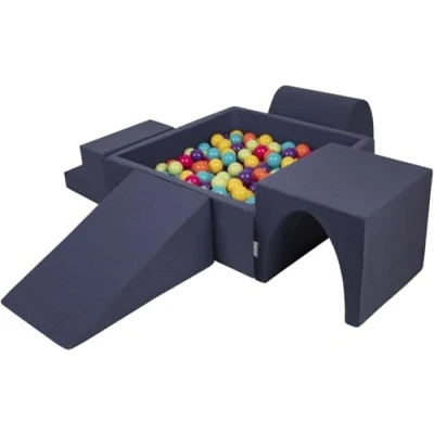 Image de KiddyMoon Aire De Jeux en Mousse avec Carré Piscine À Balles (300 Balles) pour Enfants, Bleu Foncé:Vertclr/Jaune/Turq/Orange/Rfoncé/Violet