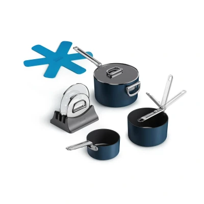 Image de Joseph Space Ensemble de casseroles antiadhésives, 3 pièces, poignées pliantes, couvercles en verre, support pour couvercles, 2 protections casseroles, compatible avec l&#039;induction