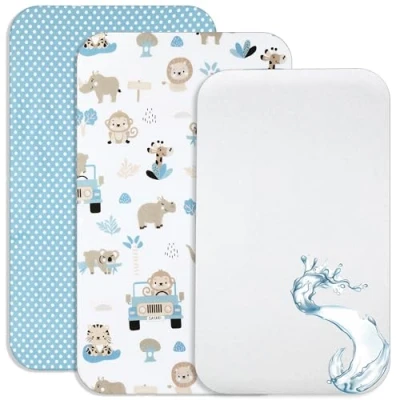 Image de Lovely Hippo Draps Housses Cododo + 1 Alèse Protège Matelas Compatible Bébé Drap Housse 100% Coton Imperméable (Safari Bleu, 90 x 55 cm)