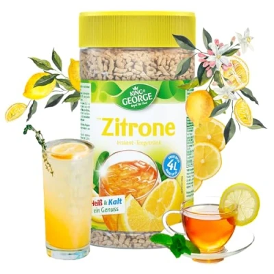 Image de KING GEORGE Infusion instantanée au citron 12 x 400 g Lemon et agrumes avec vitamine C Pack avantageux de thé en miettes boisson poudre, rafraîchissante