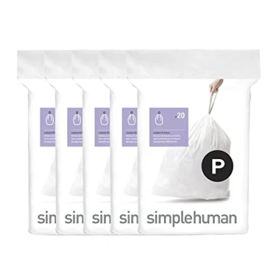 Image de simplehuman Code P Lot de 100 sacs poubelle authentiques sur mesure avec cordon serrage en paquets distributeurs, 50 à 60 litres, blanc