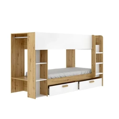 Image de Lit superposé 2 places 90x200 avec rangements et penderie Blanc naturel VENTE UNIQUE