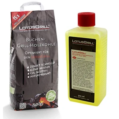 Image de LotusGrill Sac de charbon bois hêtre 2,5 kg avec pâte combustible 500 ml, tous deux conçus pour des grillades sans fumée le
