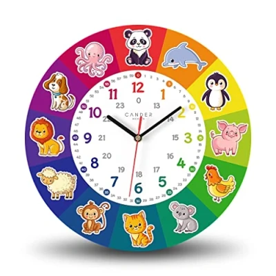 Image de Cander Berlin MNU 7930 T Horloge murale silencieuse pour enfant en MDF 30,5 cm d&#039;apprentissage analogique chambre d&#039;enfant garçon fille sans bruit de tic tac Motif animaux multicolores
