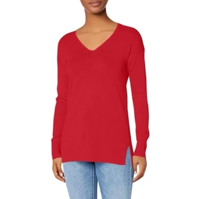 Image de Amazon Essentials Pull Tunique Léger À Manches Longues Et Col En v (Disponible Grande Taille) Femme, Rouge Cerise, 4XL taille