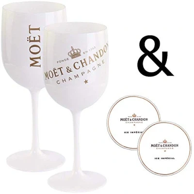 Image de Moët &amp; Chandon Ice Impérial Lot de 2 coupes à champagne en acrylique 0,45 l Coupe calice Blanc/doré Sous verres (2 pièces) inclus.