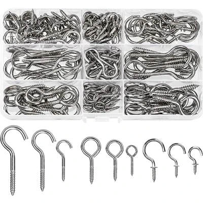 Image de HATANSE 150 Pièce Crochets à Visser Inox 9 Tailles Crochet Lustre Plafond Vis en Métal Screw in Hooks pour Lampes Clés Tasses thé Et Autres Ornements