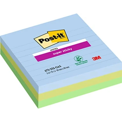 Image de Notes Post it Super Sticky, Couleurs Oasis, lignées, 101mm x101mm, 70feuilles/bloc, 3blocs/paquet