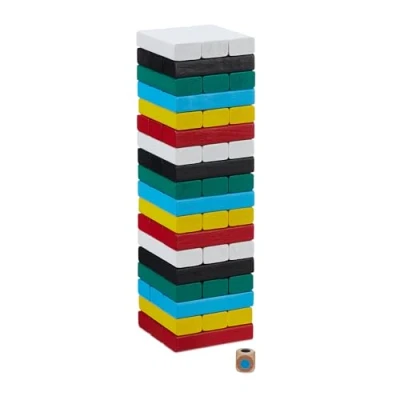 Image de Relaxdays Tour vacillante, Cubes à empiler, 54 Blocs de Bois avec dé, H x L P : env. 26,5x7,5x7,5 cm, Multicolore