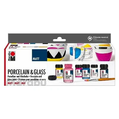 Image de Marabu 1116000000087 Porcelain &amp; Glass Starter Set Matt, Porcelaine et Verre à Base d&#039;eau, résiste au Lave Vaisselle sans Cuisson, 6 x 15 ML de Peinture Pinceau, 1116000000087, Universelle