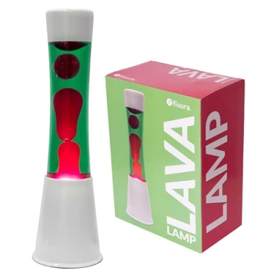 Image de Fisura Lampe à lave verte et rose. Base blanche, liquide vert Effet relaxant. Avec ampoule de rechange. 11 centimètres x 39,5 centimètres.
