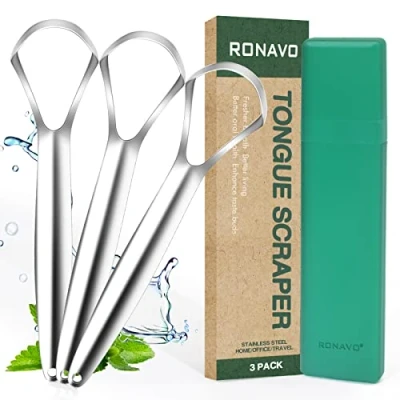 Image de Lot de 2 grattoirs en acier inoxydable pour langue, adultes, guérit la mauvaise haleine, une haleine fraîche quelques secondes …… (Stainless Steel, Wider With travel case)