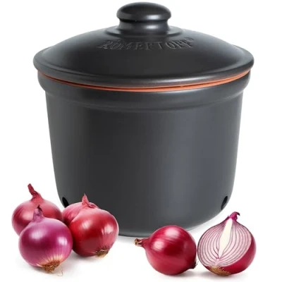 Image de Römertopf Pot fraîcheur maxi 2,8 l à oignons en céramique L&#039;argile respirante garde les légumes frais plus longtemps Circulation de l&#039;air idéale Noir