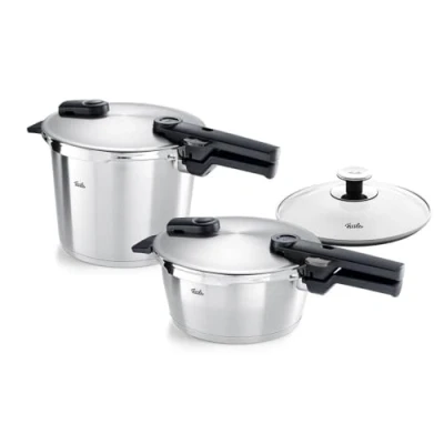 Image de Fissler Vitaquick Premium Jeu D’autocuiseurs, 2 Pièces (2 Autocuiseurs Avec Couvercle Métallique 3,5 l + 6 l, 1 Supplémentaire En Verre), Compatible Induction