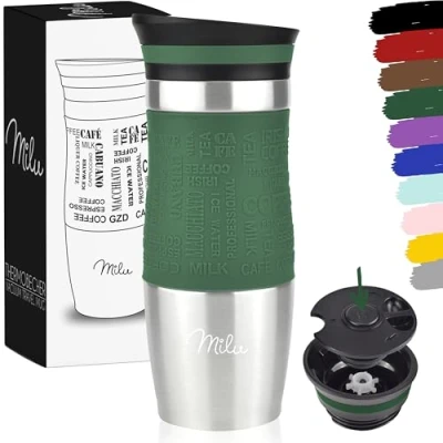 Image de Milu Mug Isotherme Etanche 370ml 450ml Thermos café thé I Tasse Isolée pour et à emporter, Double Paroi sous Vide, Acier Inoxydable de voyage Chaud &amp; froid (Olive, 370ml)