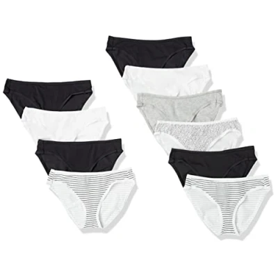 Image de Amazon Essentials Bas de bikini en coton (grandes tailles disponibles) Femme, Lot 10, Noir/Blanc Vif/Gris, 40