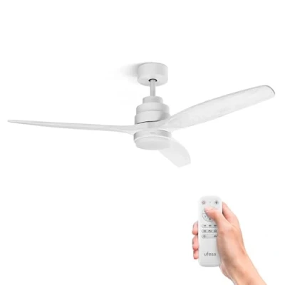Image de UFESA CFNP Ventilateur de Plafond avec Lumière, 40W, 6 Vitesses, Silencieux, 3 Pales en bois Naturel 132cm, Fonction été hiver, Minuterie 8h, Niveaux Télécommande, Blanc