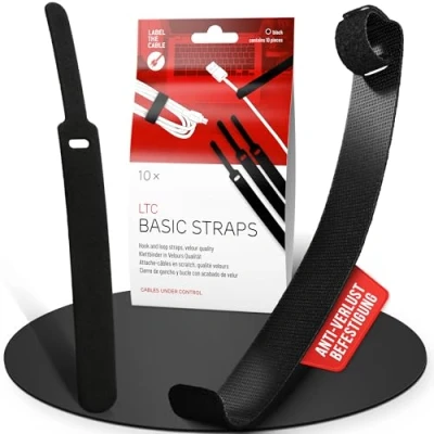 Image de LABEL THE CABLE Serre Câbles Auto Agrippants pour Regrouper des Attache en Scratch un Rangement 17 cm LTC BASIC STRAPS Lot de 10 Noir 1110