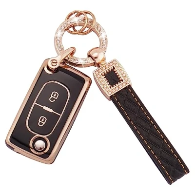 Image de Koaudb Étui Porte clés de Voiture pour Peugeot 107 207 307 307S 308 407 607 807 3008 5008 Citroen C2 C3 C4 C5 C6 C8 Xsara 2 Boutons Flip Folding Key Case Shell avec en Cuir (BP Pgt 2F)