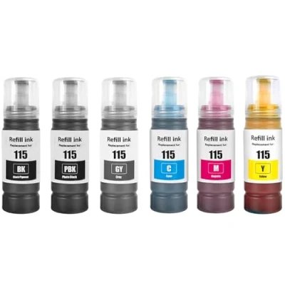 Image de SHUOLEI 115 Encre Compatible avec Epson Bouteille d&#039;encre Multipack pour EcoTank L8160 L8180(6 Pack,Pigment Noir/Noir/Cyan/Magenta/Jaune/Gris)