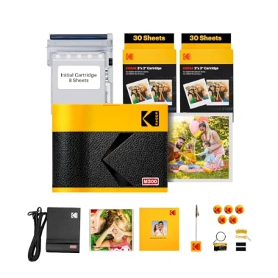 Image de KODAK Mini 3 Era 4PASS Imprimante Photo Portable (7,6x7,6cm) (Jaune, Lot Accessoire avec 68 Feuilles (8 initiales + Paquet de 60 Feuilles))