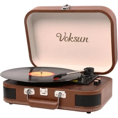Image de Platine Vinyle, VOKSUN Bluetooth in/Out Portable Vintage Turntable with Built in Speakers, 3 Speed Belt Driven USB Suititcase Vinyl LP Player, AUX in, RCA Line Headphone Jack Auto Stop (Brun)