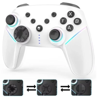 Image de Cehensy Manette Switch Sans Fil pour Nintendo Switch/Lite/OLED/PC, Pro avec LED RGB 9 Couleurs,Batterie 950 mAh,Programmable,Wake Up,Turbo,6 Axis Gyro,Dual Vibration,Blanc