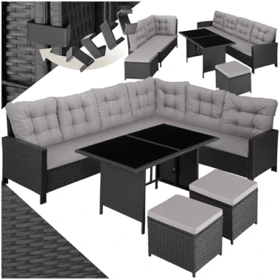 Image de TecTake Salon de Jardin en Rotin Modulable 1 Canapé Exterieur d’Angle Table 2 Tabouret Pouf Mobilier pour Amenagement Balcon et Terrasse Noir