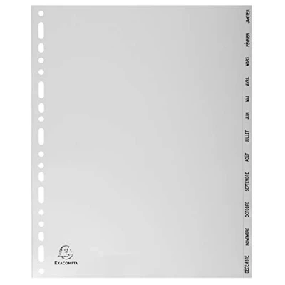 Image de Exacompta Réf. 2812E Intercalaires gris en polypropylène recyclé avec 12 onglets imprimés mensuel de Janvier à Décembre Format classer A4 maxi Dimensions 24,5 x 29,7 cm certifiés Ange Bleu