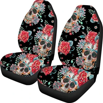 Image de Woisttop Couverture de siège avant voiture avec motif tête mort, floral, taille universelle pour voitures, berlines, SUV, camionnettes, camions