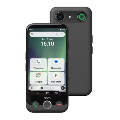 Image de Doro Smartphone Aurora A10 Téléphone Portable Senior Facile à Utiliser Touche d&#039;Assistance avec Localisation GPS Compatible Appareils Auditifs Câble USB Inclus Graphite