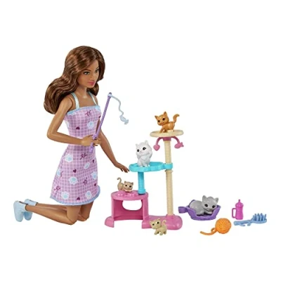 Image de Barbie Coffret Poupée Mannequin L’Arbre À Chat Avec Brune, 1 Chat, 4 Chatons, Arbre Niveaux Et Cachette, Accessoires, Jouet Enfant, A Partir De 3 Ans, HHB70