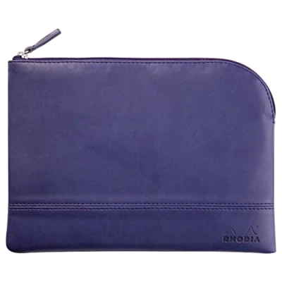 Image de RHODIA 116637C Pochette Zippée en Simili Cuir Bleu Nuit Taille M (16 x 22 cm) Coutures Véritables Intérieur Tissu Orange Rangement Documents, Petites Fournitures
