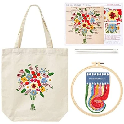Image de Namvo Canvas Tote Bag Kit de Broderie avec Motif et Instructions, Comprend Un Sac à Broder Fleurs, cerceaux Broder, Fils Couleur Outil