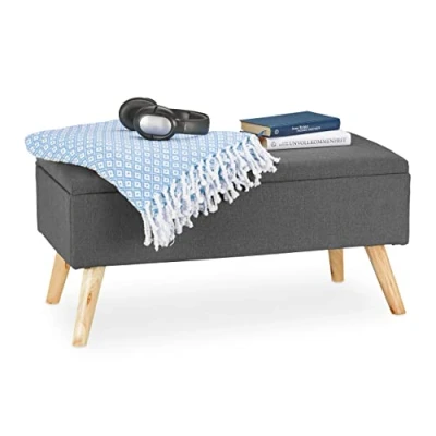 Image de Relaxdays Banc de Rangement, rembourré, Pieds en Bois, Coffre avec revêtement Tissu 39,5 x 79,5 39 cm, Gris, 50% Panneau Fibres 30 20% Polyester, Vert, 1 élément