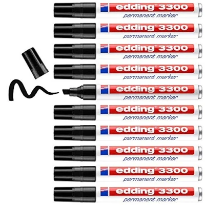 Image de edding 3300 Marqueur permanent noir 10 stylos pointe biseautée 1 5 mm sèche vite résiste à l&#039;eau et l&#039;essuyage pour carton, plastique, bois, métal universel