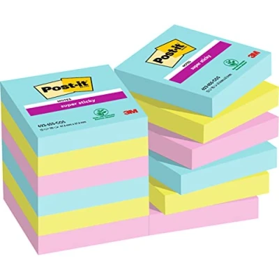 Image de Post it Super Sticky Notes, Couleurs Cosmic, Pack de 12 Blocs, 90 Feuilles par Bloc, 47,6 mm x mm, Turquoise, Vert, Rose Notes Adhésives pour Prise Listes Tâches et Rappels