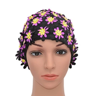 Image de Medifier Bonnet de bain à fleurs avec pétales pour femme Style rétro , noir