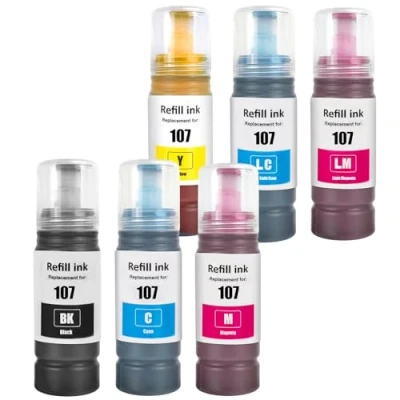 Image de SHUOLEI 107 Encre Compatible avec Epson Bouteille d&#039;encre Multipack pour EcoTank ET 18100 (6 Pack，Noir/Cyan/Magenta/Jaune/Cyan Clair/Magenta Clair)