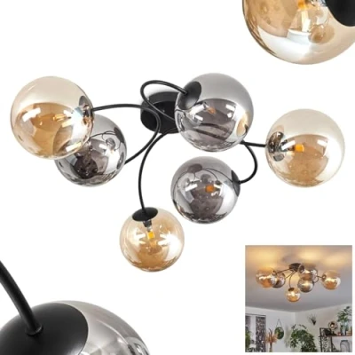 Image de hofstein plafonnier Chehalis, en métal/verre noir/fumée/ambre, luminaire au design rétro/vintage avec abat jour verre (Ø 15 cm), 6 x G9 LED, sans ampoules