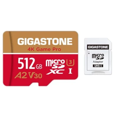 Image de [5 ans Récupération de données gratuite] Gigastone Carte Mémoire 512 Go 4K Game Pro, Compatible avec GoPro Drone Switch, Vitesse 100 Mo/s. pour Vidéo, A2 U3 V30 Micro SDXC Adaptateur SD.