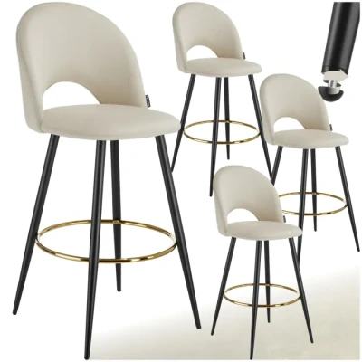 Image de TABOURET de bar TECTAKE Lot 4 chaises SACHEL en aspect velours rembourré dossier et repose pieds Crème/Noir