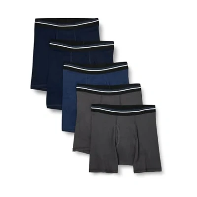 Image de Amazon Essentials Boxer Confortable en Coton sans Étiquette Homme, Lot de 5, Bleu Foncé/Bleu Marine Foncé/Charbon, S