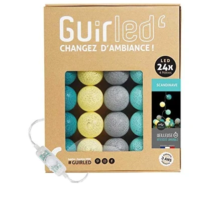 Image de GuirLED Guirlande lumineuse boules coton LED USB Veilleuse bébé 2h Adaptateur secteur double 2A inclus 3 intensités 24 2.4m Scandinave